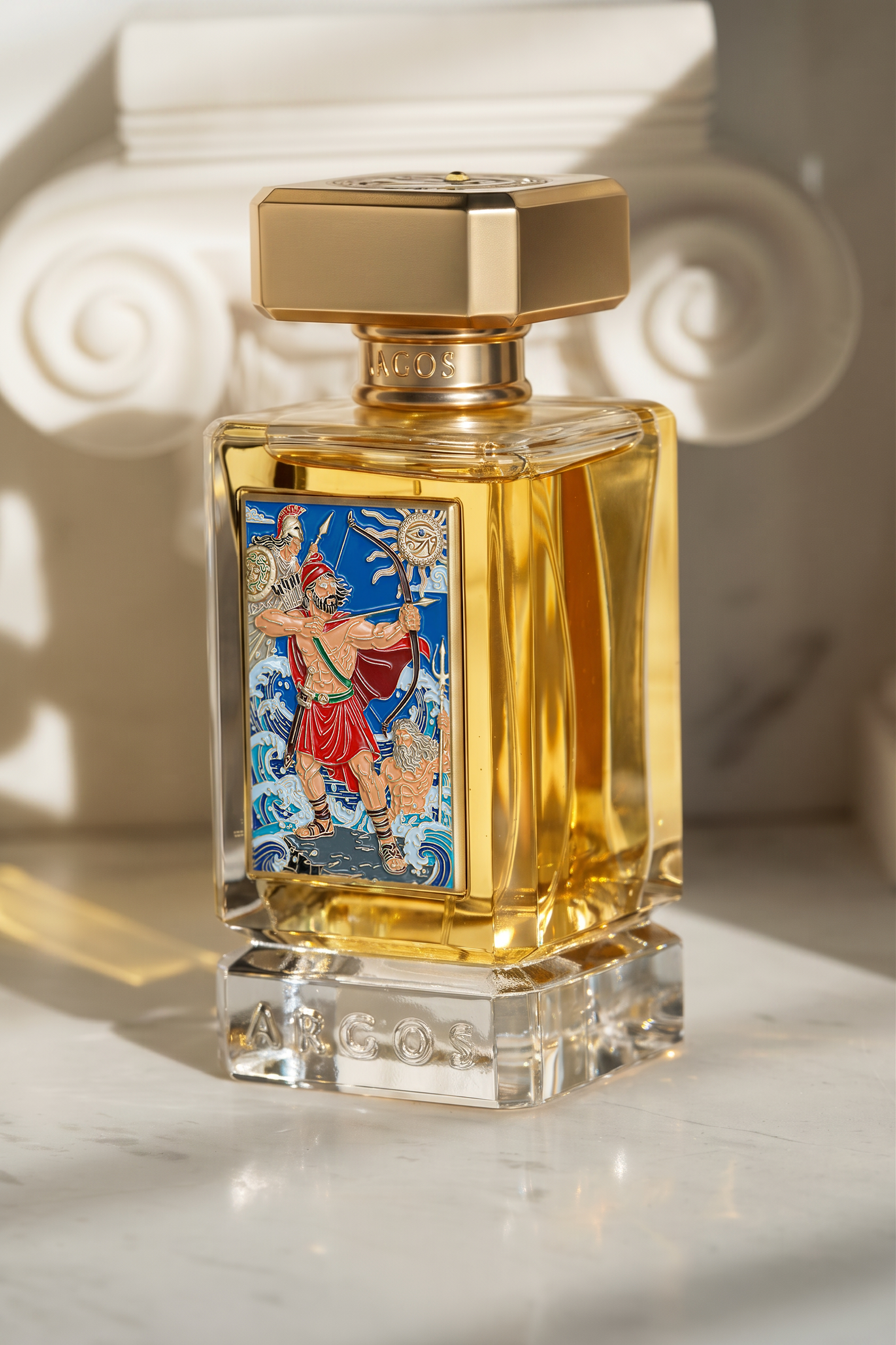 Argos Odyssey The Legend Returns perfume bottle showing the Greek mythology artwork plate