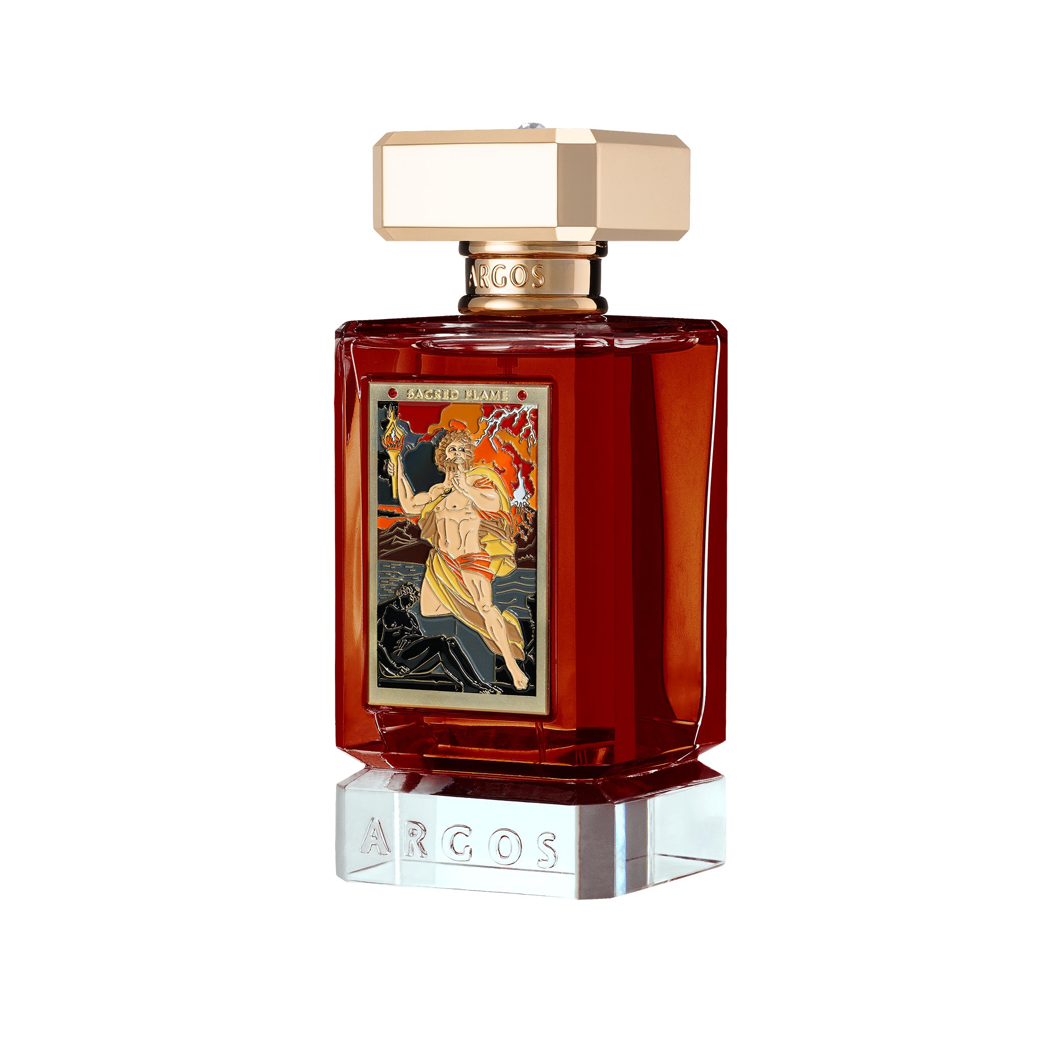 Right-facing angle of Argos Sacred Flame 100ml bottle highlighting the gold accents.