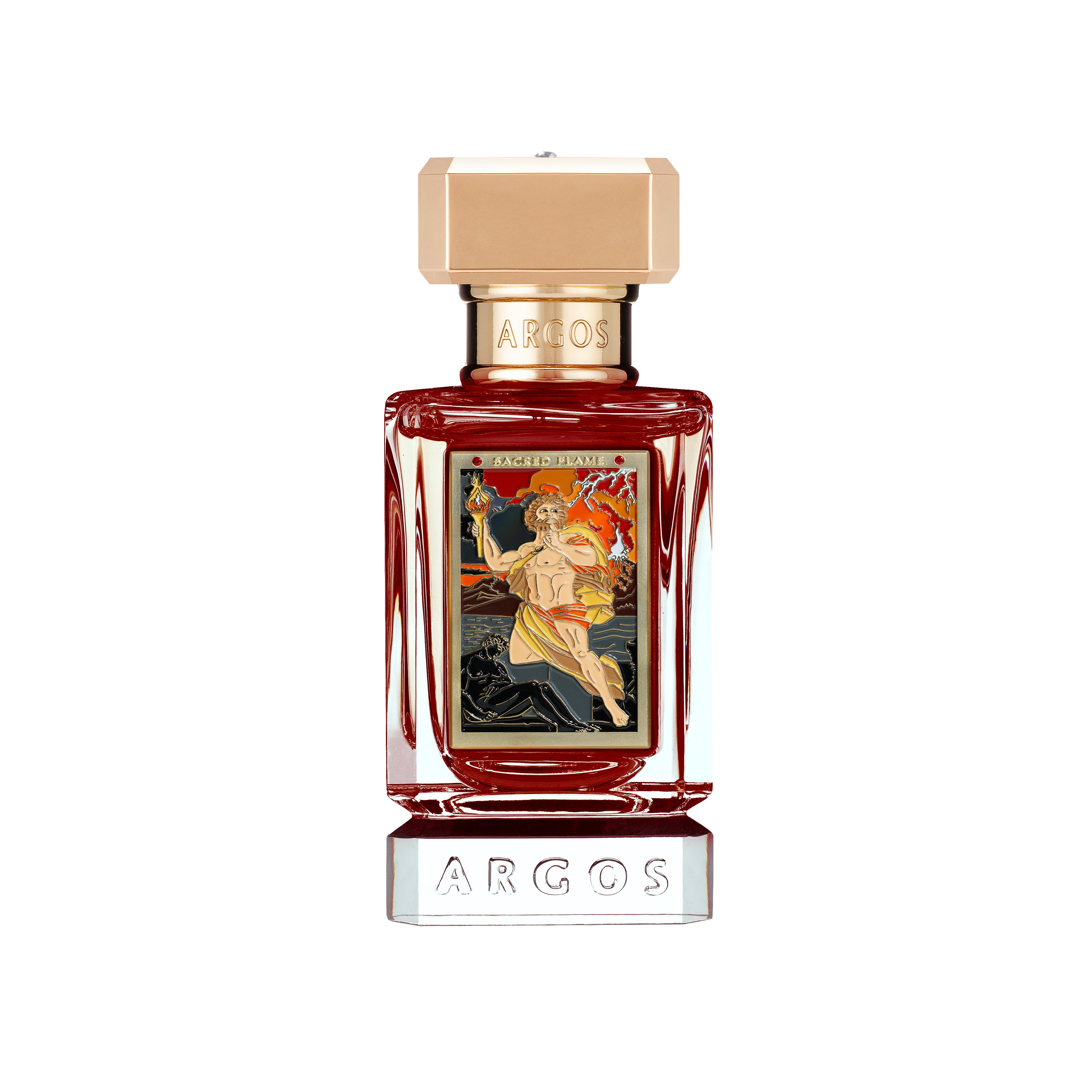 Front view of Argos Sacred Flame 30ml perfume bottle on a white background.
