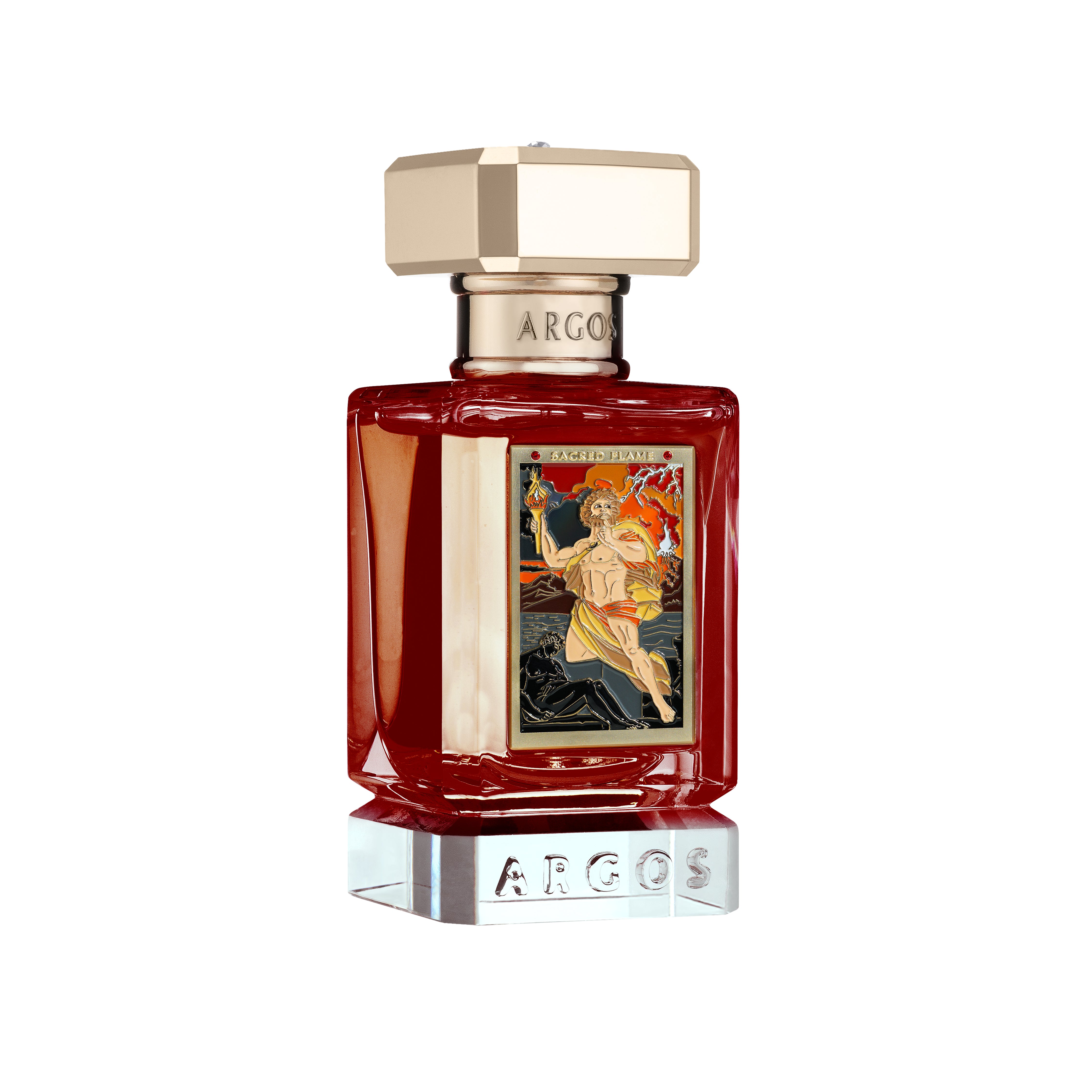 Left-facing angle of Argos Sacred Flame 30ml bottle displaying its compact design.