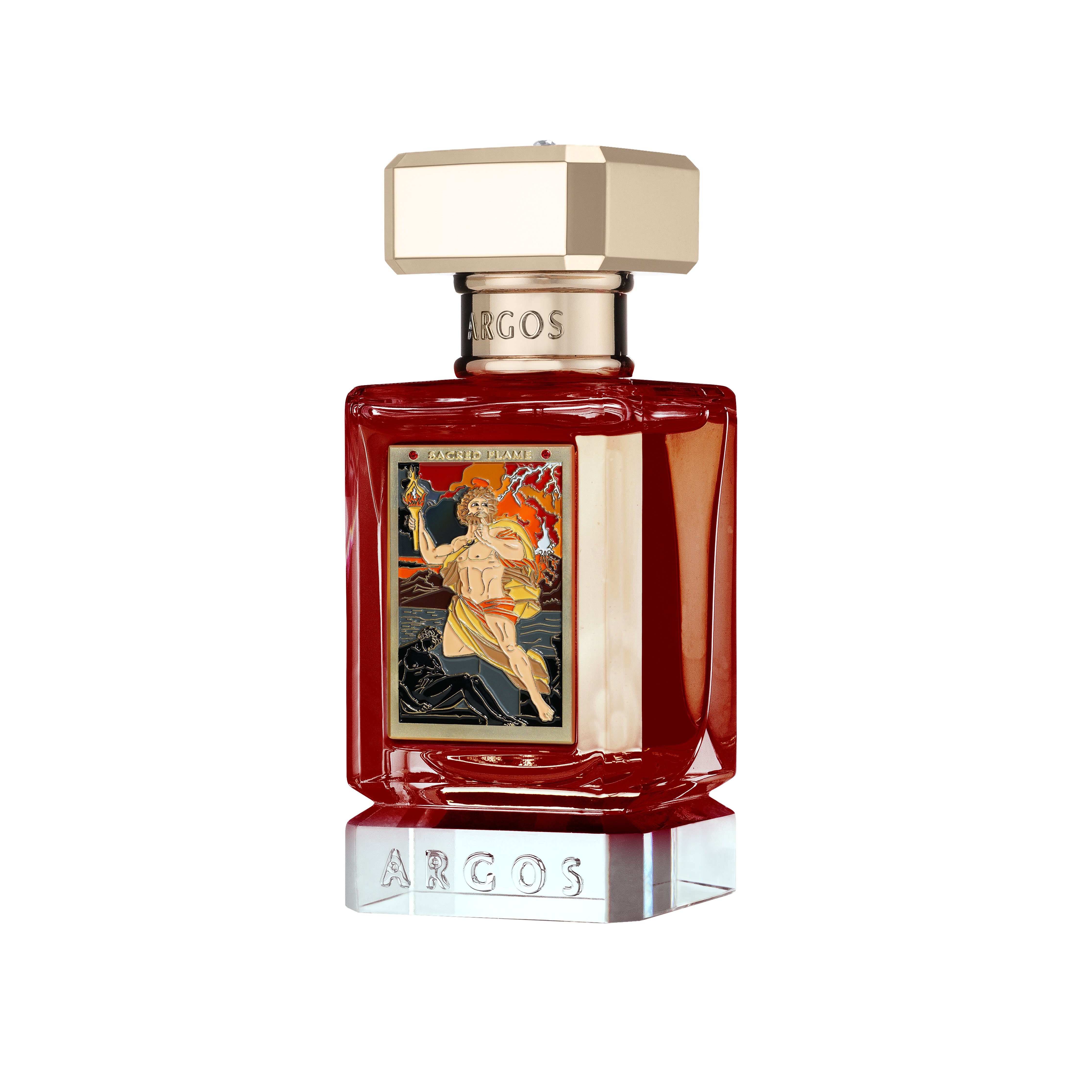 Right-facing angle of Argos Sacred Flame 30ml bottle showcasing gold detailing and structure.
